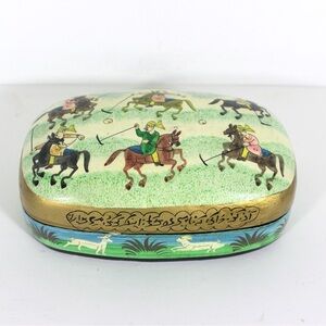 Vintage Hand Painted Kashmir Trinket Box with Horses Polo Gold Handmade in India